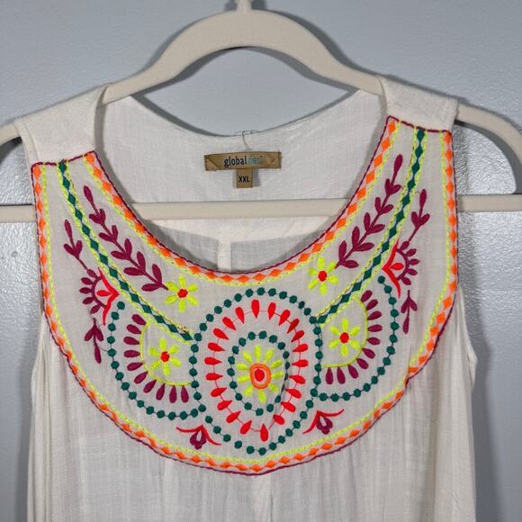 Global Desi Boho Neon Embroidered White Shift Dress XXL Made in India - Picture 2 of 11